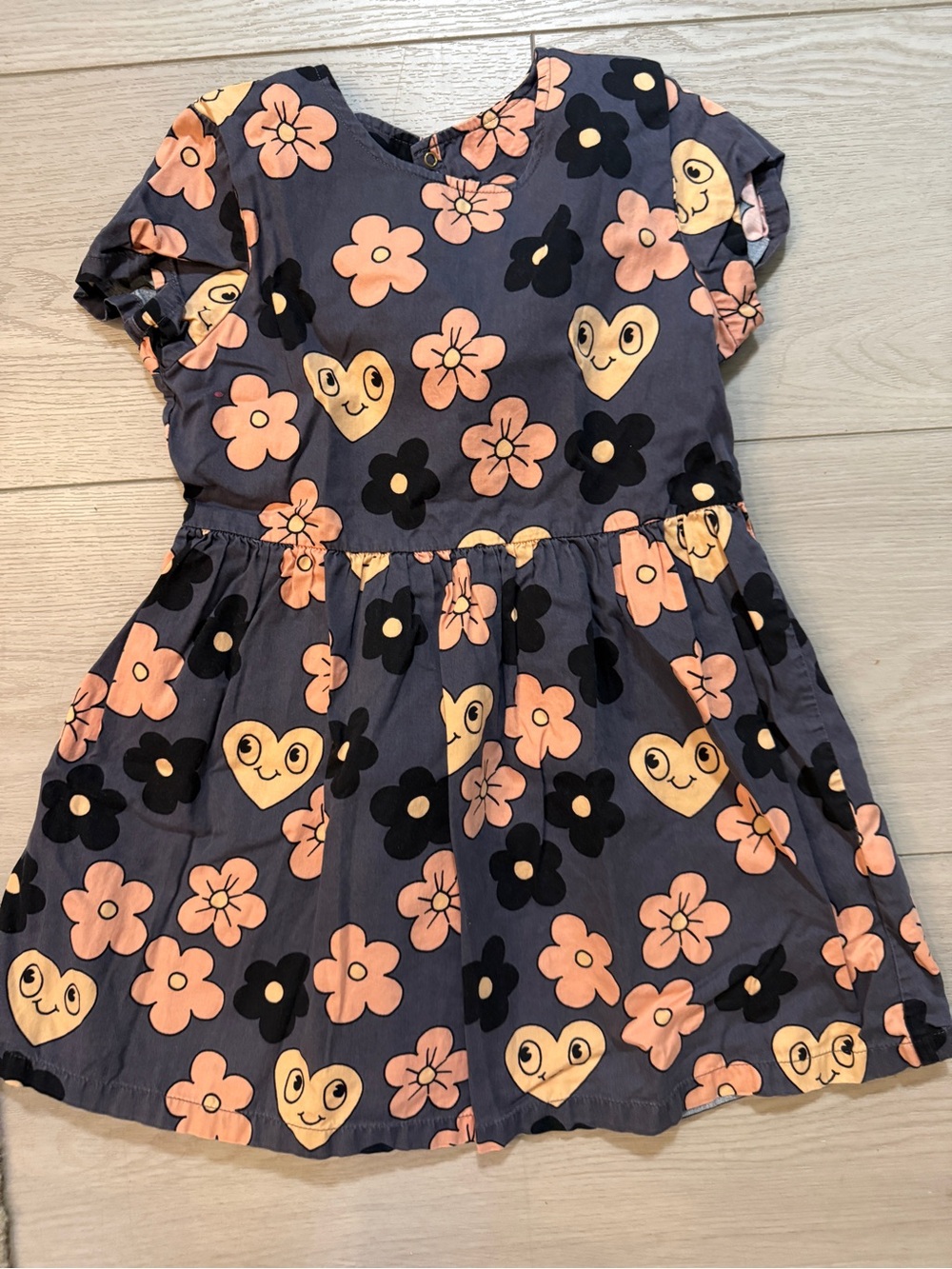 Mini Rodini Navy Dress with Peach Flowers & Cream Heart Faces